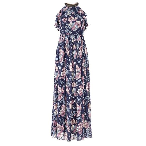 Marchesa Notte Women's 6 Maxi Dress Blue Floral Ruffle Halter Crochet Back - Picture 1 of 6